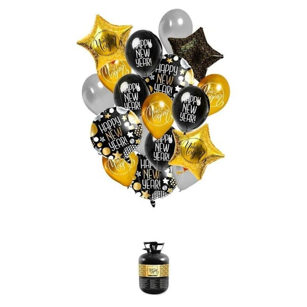 Helium Tank + Ballonnen Zwart & Goud Happy New Year