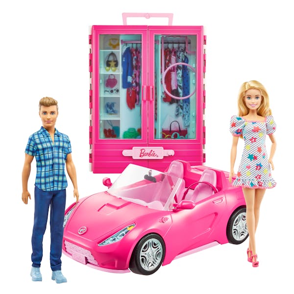 Barbie + Ken pop met kleerkast en cabrio auto